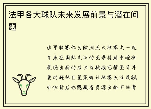 法甲各大球队未来发展前景与潜在问题
