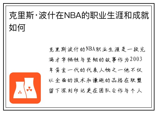克里斯·波什在NBA的职业生涯和成就如何